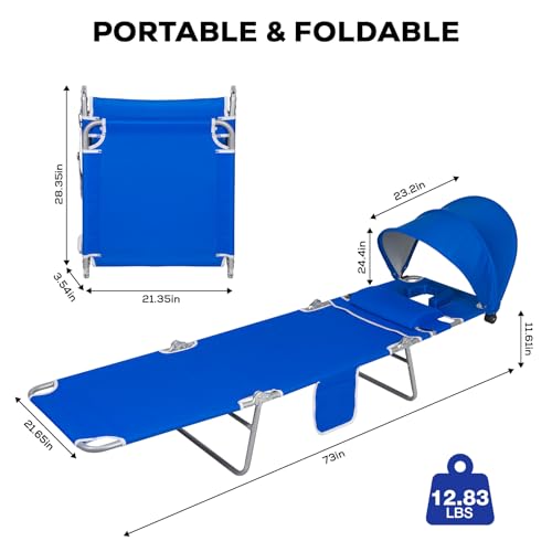 Romswi 2PK Folding Tanning Beach Chair with Face Hole & Canopy Shade, 5-Position Reclining Sun Lounger, Portable Face Down Tanning Chair with Arm Holes & Side Pocket for Beach, Pool & Patio,Royal Blue - color: Royal Blue With Sunshade, size: 2pcs