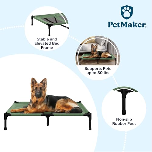 Elevated Dog Bed – 36x29.75 Portable Bed for Pets with Non-Slip Feet – Indoor/Outdoor Dog Cot or Puppy Bed for Pets up to 80lbs by Petmaker (Green) - color: Green, size: 29.7"L x 8.6"W x 4.6"Th
