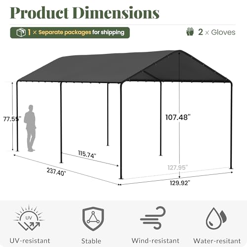 Carport, 10‘ x 20’ Heavy Duty Portable Garage All-Season Car Canopy, Outdoor Garage Boat Shelter Carport Canopy Party Tent w/Water-Resistant Tarp for Backyard (Grey, 10' x 20' /no Side) - color: Gray, size: 10' x 20' /no side