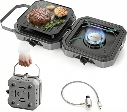 Gonex 2 Burner Propane Camping Stove with Griddle & Grates, Portable Foldable Cooking Stove with Total 16,000 BTU, Two Piezo Ignition Adjustable Burners for Camping, Patio, Emergency, Hiking (Grey) - color: Grey