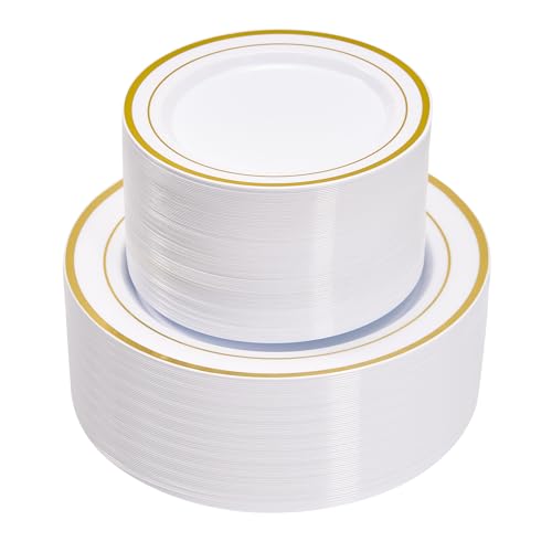 Fijinhom 200PCS Gold Plastic Plates, Disposable Plates with 100PCS 10" Dinner Plates & 100PCS 7" Dessert Plates for 100 Guests, Plastic Party Plates for Wedding, Birthday, Gold - color: Gold, size: 100 Guests-200pcs