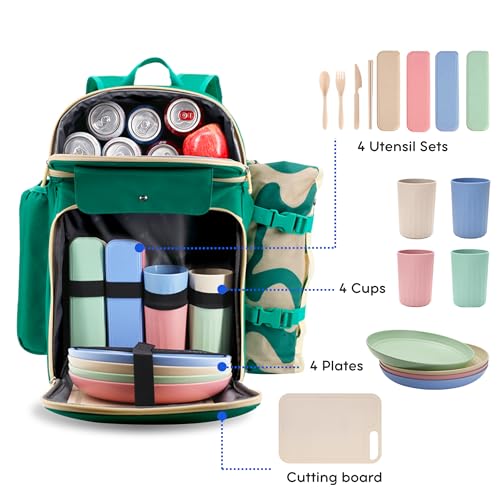 J World Picnic Backpack Cooler for 4. Insulated Picnic Basket Set with Folding Waterproof Blanket. Beach Camping Wedding Engagement Gift for Couples, Green - color: Green
