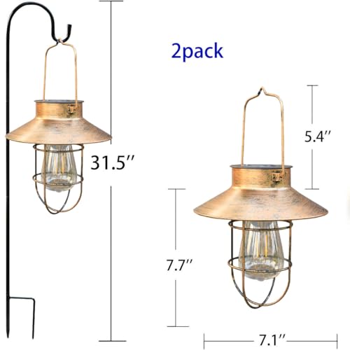 2 Pack Solar Lanterns, Outdoor Hanging Lights Metal with Shepherd Hook Warm White Edison Bulb Design for Garden and Birthday Gifts for Mom Grandma Wife ( Copper) - color: Copper