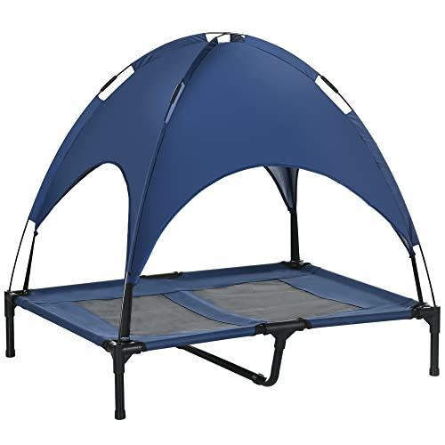 PawHut Elevated Dog Bed with Removable Canopy, Outdoor Dog Cot with UV Protection Canopy Shade, 36 inch Large Pet Bed for Camping, Dark Blue - color: Blue, size: 36 inch
