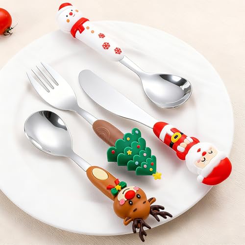 Christmas Utensil Set | Reusable Portable Cutlery Set | Stainless Steel Knife Fork Spoons Gift Box | Includes Themed Utensils (Tree/Santa/Deer/Snowman) | Ideal Christmas Gift - color: Christmas Design-Sliver
