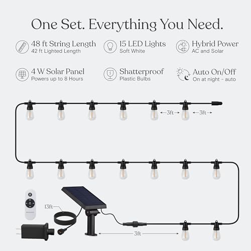 Brightech Ambience Hybrid Outdoor String Lights - Dual Plug and Solar Powered Waterproof LED Light String for Outside - Dimmable Soft White Edison Bulbs for Camping, Patio, Cafe, Yard - 48ft, 4W - style: Hybrid Super Bright - 48 Feet
