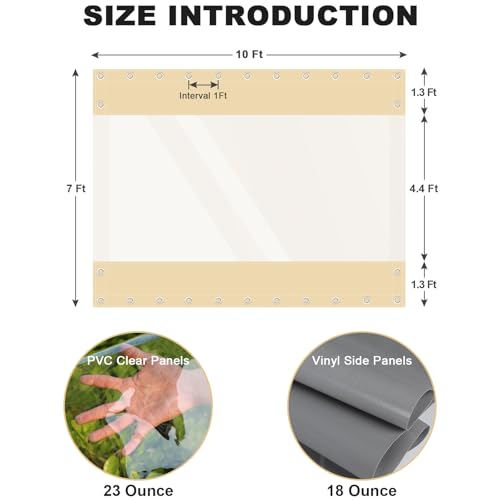 Clear Vinyl Curtains for Patio Enclosure, 23oz Heavy Duty Waterproof Anti-UV and Tear-Resistant Tarpaulin with Grommets, Weatherproof Panels for Porch, Pergola, Gazebo, Balcony, Outdoor - color: Khaki, size: 7'H X 10'W