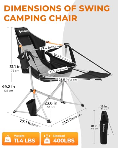 KingCamp Hammock Chair with Footrest – Heavy Duty Swinging Rocking Camping Chairs for Adults up to 400lbs, Folding Portable Oversized Rocker with Cup Holder & Pillow for Outdoor Beach Lawn RV Sports - color: Footrest Deluxe Black/Grey