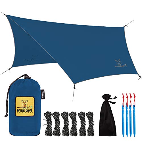 Wise Owl Outfitters Hammock Rain Fly – Waterproof Camping Tarp Cover with Tent Stakes & Carry Bag, Ultralight Shelter for Backpacking & Outdoor Shade - color: Blue, size: Standard (26 oz)