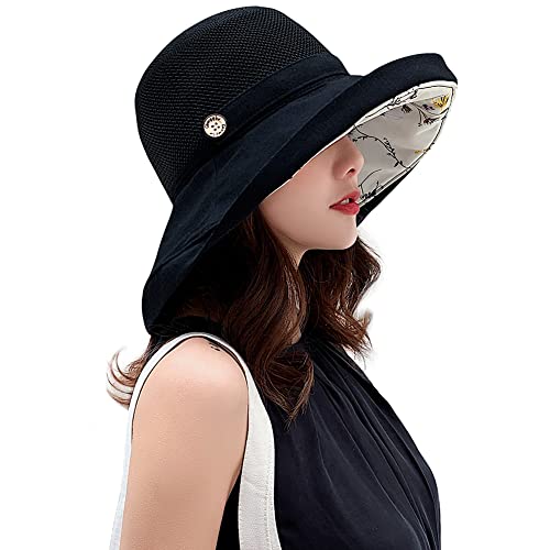 Women Mesh Sun Hats Summer Beach UV Protection UPF Packable Wide Brim Chin Strap - color: Black