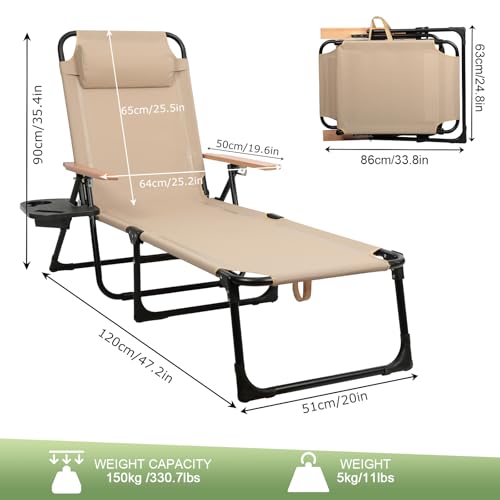 Foldable Chaise Lounge Chair Outdoor, Tanning Chair with 4-Position Reclining Back, Folding Sun Lounger, Outdoor Lounge Chair for Beach, Poolside, Backyard, Camping, UPF 50+, 300 LBS - color: Beige