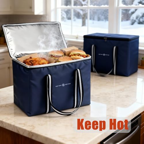 Insulated Food Delivery Bag, Large Durable Reusable Shopping Grocery Bag with Zipper – Foldable Thermal Cooler Bag for Hot & Cold Food, Pizza Delivery & Catering - color: Navy Blue 1