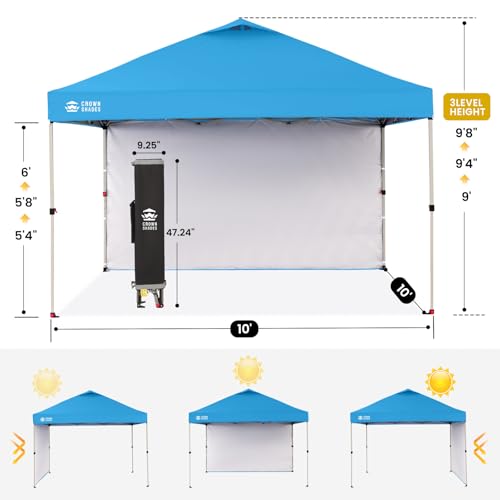 CROWN SHADES 10x10 Pop Up Canopy with 1 Side Wall - Beach Tent with One Push Setup - Outdoor Sun Shade for Events, Parties, Camping - Gazebo with STO-N-Go Cover Bag (Sky Blue) - color: Sky Blue, size: 10x10FT