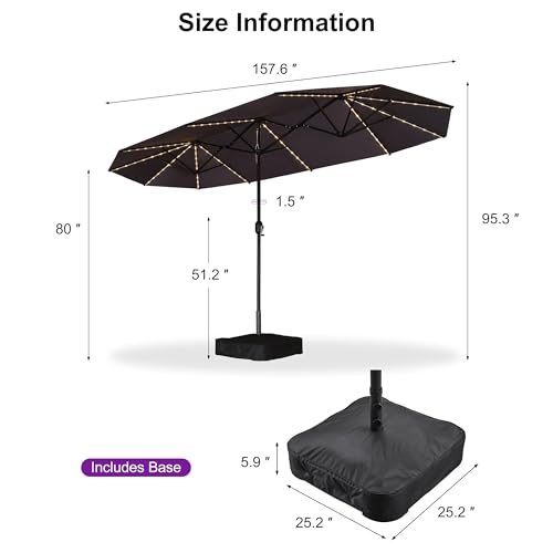PURPLE LEAF 13ft Patio Market Umbrella with Solar LED and Base Double-Sided Rectangle Outdoor Table Sun Umbrellas with Crank for Pool Beach Deck Backyard Gray - color: Gray, size: 13' X 7' with Lights