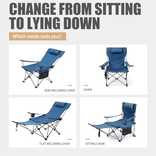 Reclining Folding Camping Chair with Removabel Footrest, Adjustable Folde Camping Chair with Foot Rest, Camp Lounge Outdoor Beach Chair, Oxford Fabric Reclining Design with Pillow Cup Holder, Blue - color: Blue