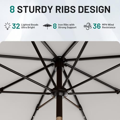 AreShark 9FT Patio Umbrella with Solar Lights, 32 Lighted Pool Umbrella w/Tilt and Crank, Outdoor Market Solar Umbrellas for Garden, Deck, Backyard, Pool and Beach, Cream-White - color: Cream-White, size: 9 Ft