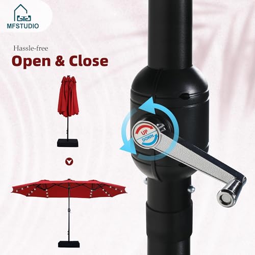 MFSTUDIO 15ft Patio Umbrella with Solar Lights, Outdoor Large Rectangular Umbrellas with Base, Crank Handle and 36 LED Lights for Yard Deck Pool, Burgundy Red - color: Burgundy Red