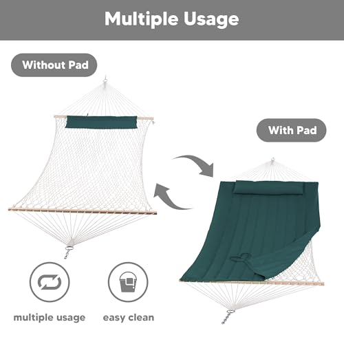 SUNCREAT Hammocks 2 Person Hammock with Hardwood Spreader Bar, Double Rope Hammock with Polyester Pad, Dark Green - color: Dark Green