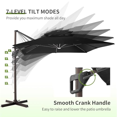 JZAC & QZYD 9x12 FT Outdoor Cantilever Patio Umbrella with LED Lights, Large Heavy Duty 2-Tier Aluminum Offset Umbrellas with 360-Degree Rotation for Pool Deck, Black - color: Black, size: 9'×12'