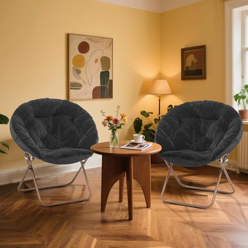 MoNiBloom Round Folding Faux Fur Saucer Chair for Bedroom Living Room Dorm Foldable Metal Frame Oversized Large Comfy Furry Padded Soft Lounge Lazy Cozy Moon Chair for Adults (Black, 2 Pieces) - color: Black