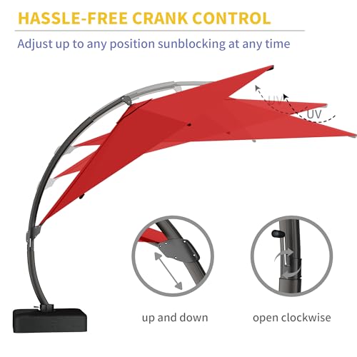 Kingdura 11ft Offset Cantilever Patio Umbrella with Base Included, Large Round Aluminum Outdoor Umbrella, 360° Rotation & Infinite Tilt, Heavy Duty Frame for Deck Pool Backyard, Red - color: Red, size: 11 FT