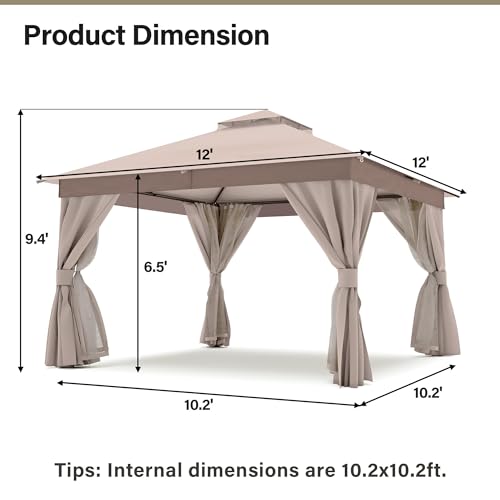 LAUSAINT HOME 12'x12' Outdoor Gazebo, Metal Frame Heavy Duty Patio Canopy Tent Shelter with Double Roofs, Mosquito Nettings and Privacy Screens for Backyard, Garden, Lawn, Khaki - color: Khaki, size: 12'x12'
