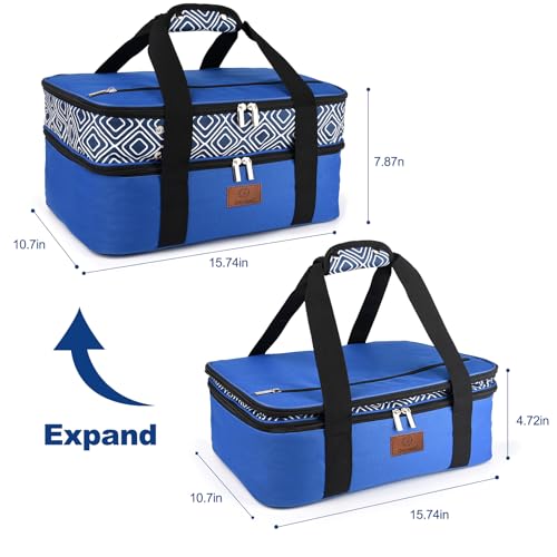 Genteen Insulated Casserole Carrier,Expandable Double Insulated Food Carrier for Hot and Cold Food, Fits 9x13 Casserole Dish,Lasagna Holder Tote for Parties Potluck Picnic (Blue)