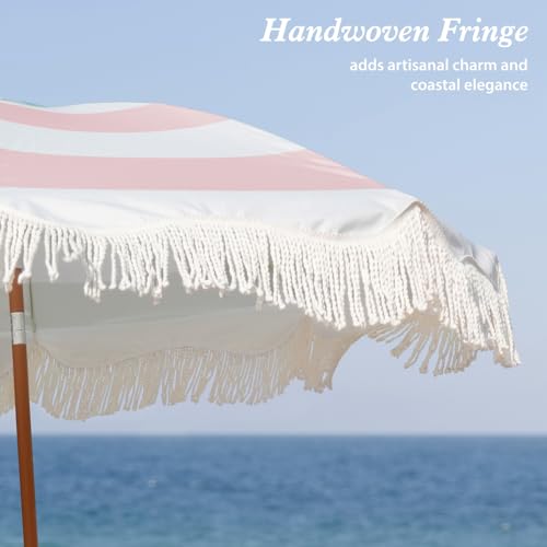 AMMSUN Boho Fringe Umbrella Outdoor Patio, 6.5ft UPF50+ Picnic Umbrella with Tassels with Steel Pole and Push Button Tilt, Pink Stripes - color: Pink Stripes