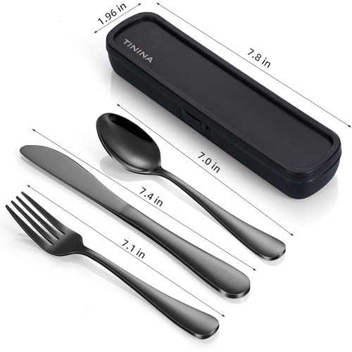 Travel Utensils with Case, 4-Piece Stainless Steel Portable Cutlery Set, Reinforced Case with Buckle Design, Lunch Box for Camping Work School, Include Fork Spoon Knife, Dishwasher Safe, Black - color: Black
