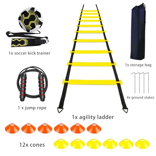 Agility Training Set for Soccer & Football - 20FT Speed Ladder, 12 Cones, and Training Aids for Kids Youth Sports Practice, Footwork Drill Kit - color: Yellow