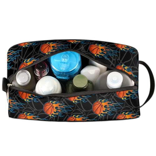 Kids Travel Toiletry Bag - Fire Basketball Waterproof Hanging Cosmetic Hygiene Bags for Boys Men - Large Shave Kit for Toiletries Accessories Bathroom Stuff - color: Fire Basketball