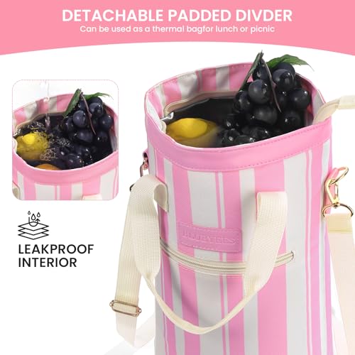 BLUBYEES 2-Bottle Insulated Wine Carrier Tote - Leakproof Padded 900D Oxford Wine Cooler Bag for Travel, Picnics, Beach & Parties - Ideal Wine Gift for Wine Lovers - color: Sakura Pink