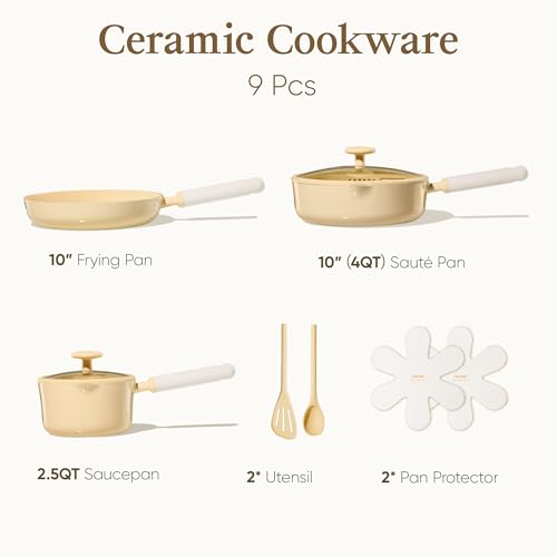 CAROTE Ceramic Cookware Set Nonstick, 9pcs Pots and Pans Set Non stick, Non-Toxic & PFAS-Free,Dishwasher, RV/Camping Cookware Set,Sauce Pan with Lid, Yellow - color: Yellow, size: Saucepan