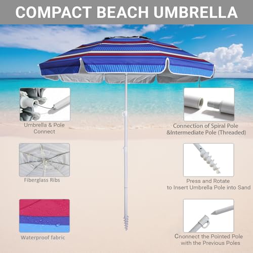 LOTTAFUN 6.5ft Beach Umbrella - Heavy Duty Wind Resistant UV 50+ Portable Sun Shade with Sand Anchor & Carry Bag, Outdoor Folding Umbrella for Beach, Pool, Patio, Garden (Blue color strip) No Tilt - color: Blue color strip