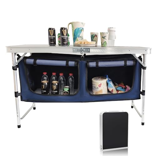 Camp Field Camping Folding Aluminum Table with Adjustable Legs for Outdoor Travel Beach, Backyards, BBQ, Party and Picnic Foldable Table - color: Black