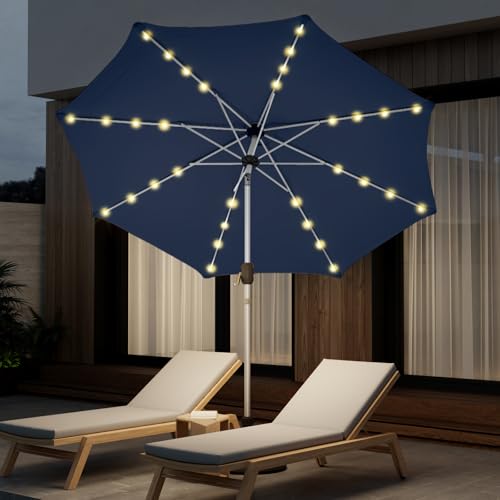 10FT 40-LED Solar Lighted Aluminum Patio Umbrella, Fade-Resistant Outdoor Market Table Umbrella with Push Button Tilt Function, 8 Sturdy All-Aluminum Ribs for Gardens, Decks, Backyards & Pools - color: Navy Blue, size: 10FT 40LED-1Tier (Aluminum Umbrella)