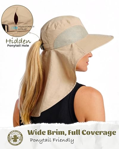 Camptrace Sun Hats for Women Men UPF 50+ UV Protection Wide Brim Hiking Fishing Hat with Neck Flap - color: Khaki