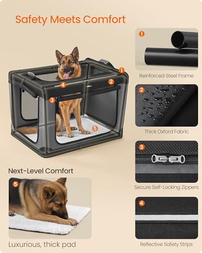 Feandrea Collapsible Dog Crate, 42-Inch Portable Dog Travel Crate for Large Dogs, Oxford Fabric Pet Carrier with 4 Mesh Doors, Handles, Storage Pocket, Water Bottle Holder, Ink Black UPDC021B01 - size: XXL（42"L x 28"W x 28"H)