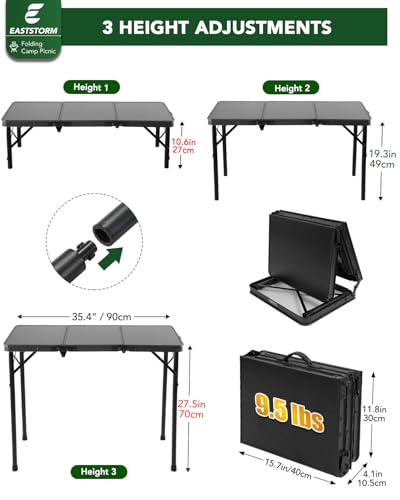E EASTSTORM 3ft Folding Camping Table, Folding Table with 3 Adjustable Height, Portable Table with Handle, for Outdoor, Backyard, BBQ, Picnic, Cooking, RV, fits 2–4 People, Black - color: Black-3ft