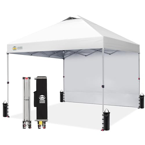 CROWN SHADES 10x10 Pop Up Canopy with 1 Side Wall - Beach Tent with One Push Setup - Outdoor Sun Shade for Events, Parties, Camping - Gazebo with STO-N-Go Cover Bag (White) - color: Grid White, size: 10x10FT