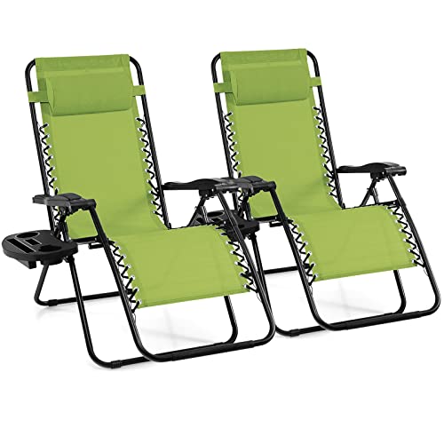 Giantex 2 PCS Zero Gravity Chair, Outdoor Chaise Lounge with Cup Holder, Patio Folding Chairs Recliner for Yard Pool Lawn Balcony - color: Green, size: 1 Count (Pack of 2)