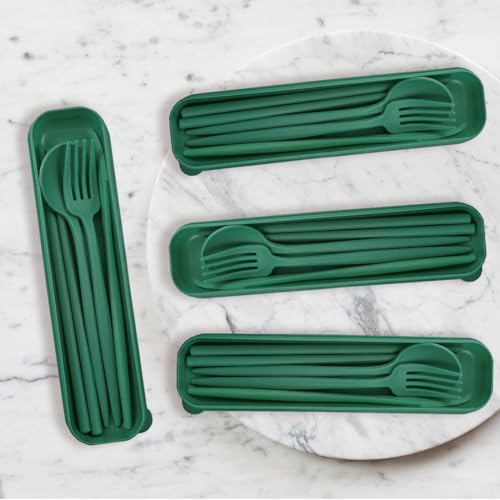 4 Sets Reusable Utensils Set with Case,Camping Cutlery Set Travel Silverware Set with Case Lunch Utensils Set for Work,Utensil Sets for Lunch Picnic Daily Use Outdoor (Darkgreen) - color: Darkgreen