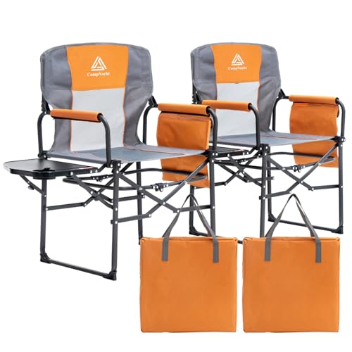 Wide Folding Director Chair with Table, Outdoor Camping Chair for Adults with Cup Holder Load 330 Lbs, Portable Lightweight Chair for Outside with Carry Bag for Patio, Orange-2Pack - color: Director Orange-2pack