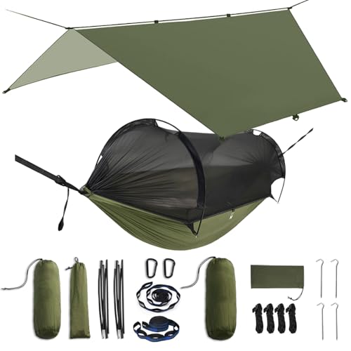 ADVOKAIR Camping Hammock with Mosquito Net and Rain Fly, Up to 500lbs, Ultralight and Portable Nylon Travel Hanging Hammock with Tree Straps, Perfect for Outside, Backpacking, Hiking and Backyard - color: Green Bundle, size: 106"L x 55"W
