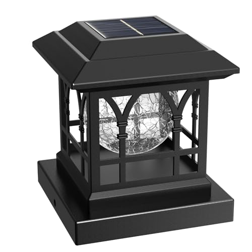Fence Post Solar Lights, Crackle Glass Solar Post Cap Lights, 20 Lumens, Warm White & RGB Automatic Cycling 2 Modes for 3.6x3.6 4x4 4.5x4.5 5x5 Vinyl Wooden Posts Decoration, Black (1 Pack) - color: Black, size: 1 Pack
