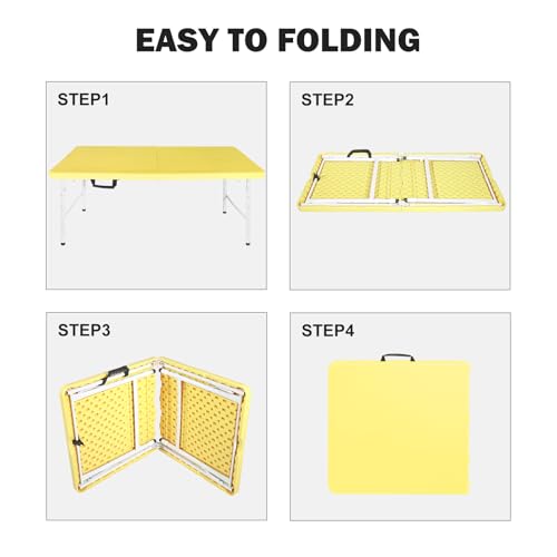 Portable Plastic Folding Table 4ft/6ft/8ft Heavy Duty White Black Picnic Dining Table Fold-in-Half for Camp Party Kitchen Indoor Outdoor - color: Light Yellow, size: 4FT, style: Flat Desktop