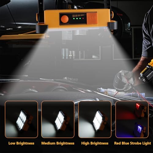 120W Solar Rechargeable Work Light, 144 LED 10000LM Portable Flood Light with Stand, IP66 Waterproof 4 Modes LED Job Site Lighting Flashlights for Mechanic Camping Fishing Car Repair - style: Yellow 1 Pack