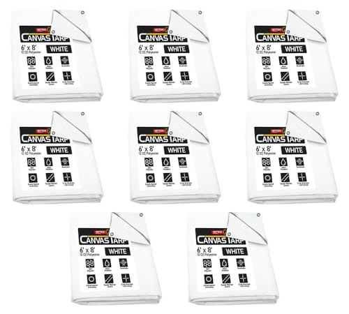 Mytee Products 8 Pack 6' x 8' White Canvas Tarp 12oz - Water Resistant & Breathable - Heavy Duty Tarps - Multipurpose Tarpaulin Cover for Camping Tent - color: White (8 Pcs), size: 6' x 8'