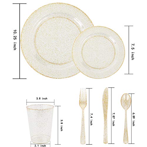 WELLIFE 175 Pieces Gold Glitter Plastic Plates with Silverware and Cups, Includes: 50 Plates, 50 Forks, 25 Knives,25 Spoons and 25 Cups for Party - color: Gold Glitter(175pcs), size: 25 Guests