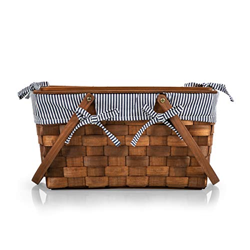 PICNIC TIME Kansas Handwoven Wood Picnic Basket, Sturdy Woven Wicker Basket with Tabletop Lid and Removable and Washable Polycotton Vintage-Style Liner, (Navy Blue & White Stripe)